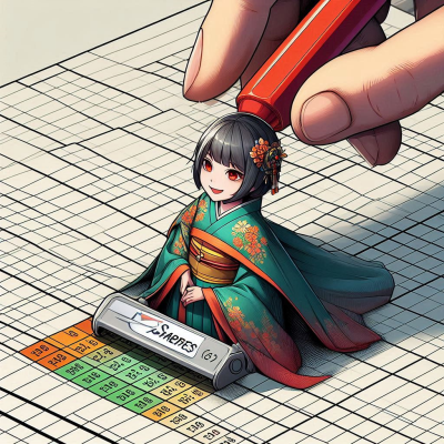 스프레드시트 위에 놓인 작은 전통 복장 소녀와 형광펜