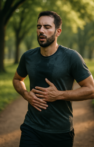 러닝 중 복식 호흡을 훈련하는 남성의 횡격막 활용 장면