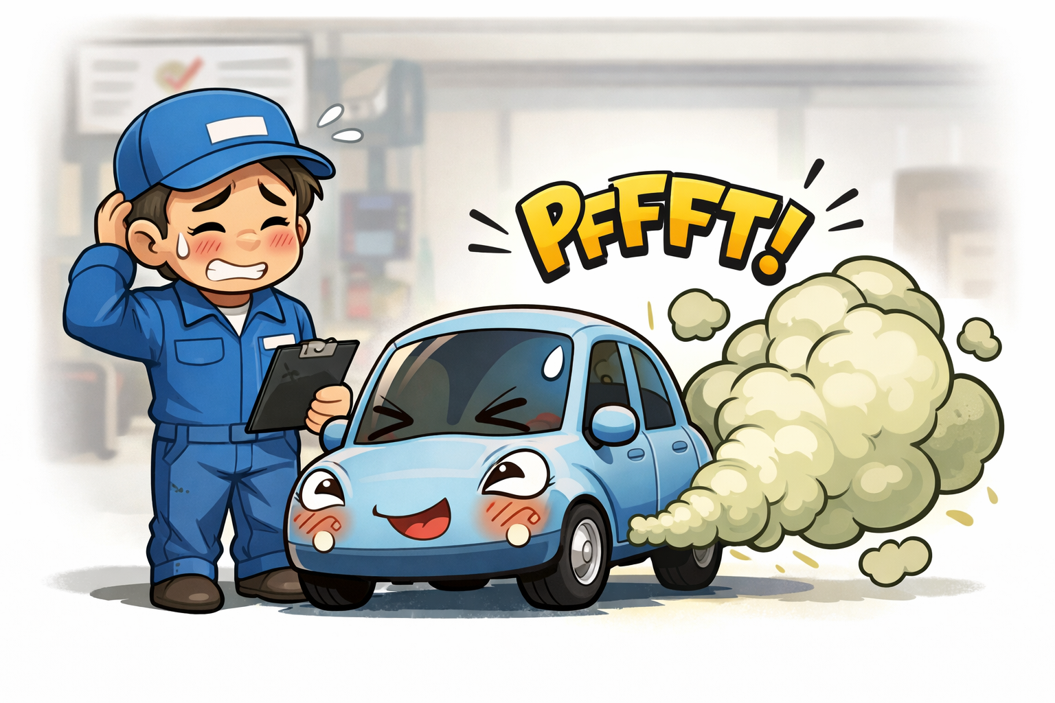 자동차의 매연을 익살스러운 모습으로 표현함.