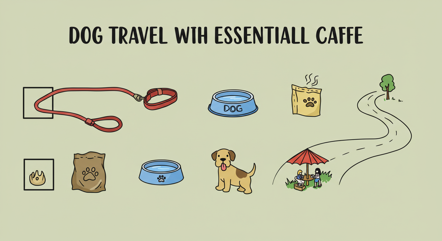 반려견 동반 여행 시 필요한 준비물과 요건을 나타낸 간단한 체크리스트 일러스트