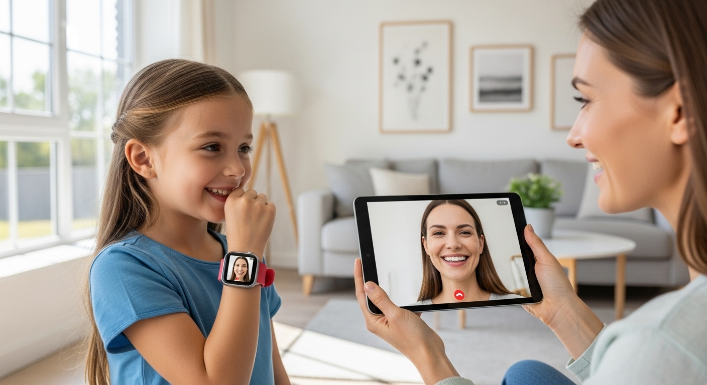 스마트워치로 엄마와 통화하는 어린 딸과 태블릿을 들고 있는 엄마.