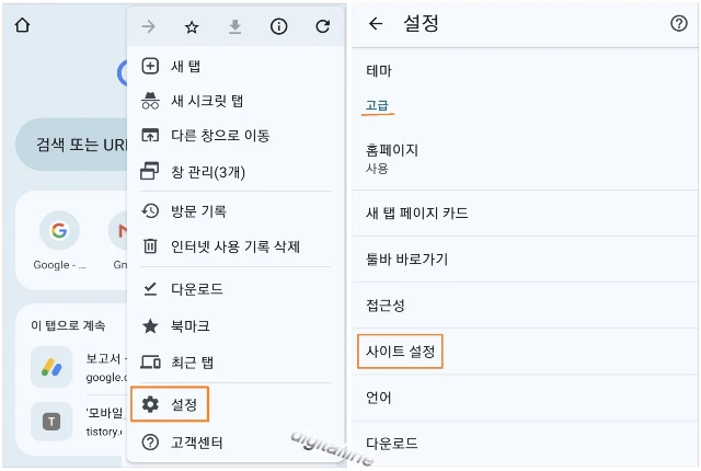 '고급'에서 사이트 설정을 탭합니다.