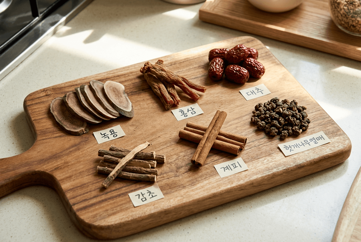 녹용·홍삼·대추·감초·계피·헛개나무열매 등 원료를 가지런히 올려 둔 나무 도마, 각 재료 이름을 한글로 표시한 라벨이 함께 놓인 모습