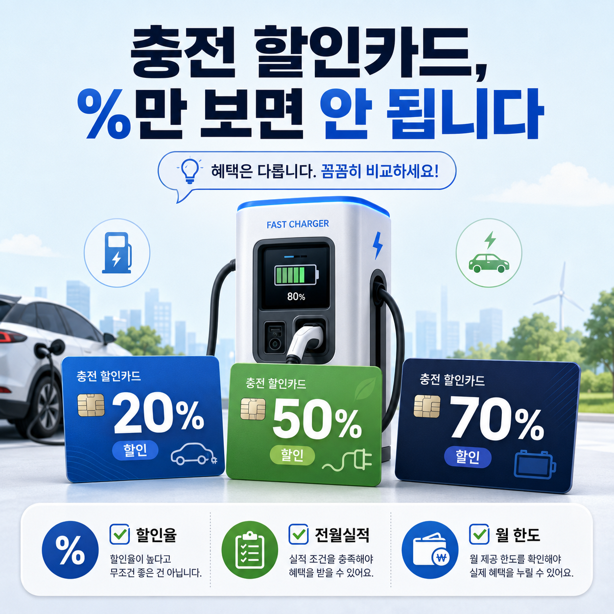 전기차 충전요금 할인카드의 할인율 전월실적 월 할인한도를 비교하는 모습