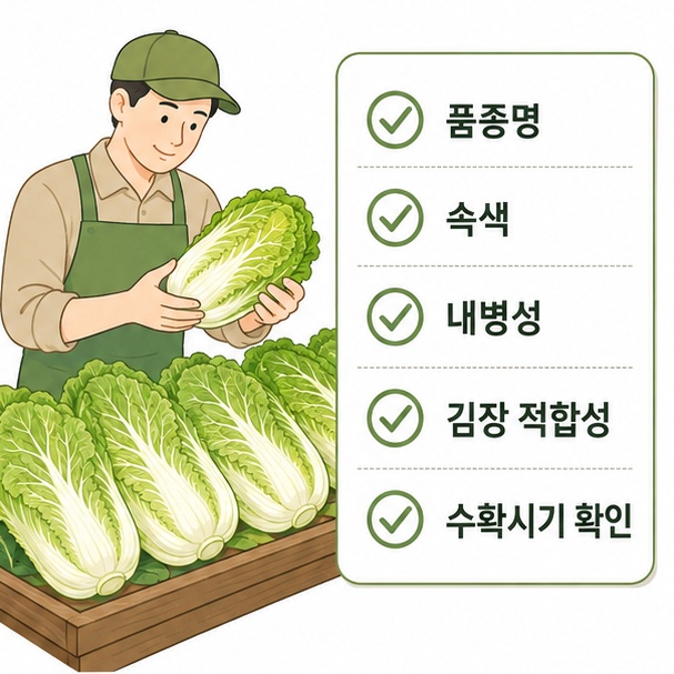김장배추를 고를 때 품종명과 속색, 내병성, 김장 적합성, 수확시기를 확인하는 방법을 정리한 이미지