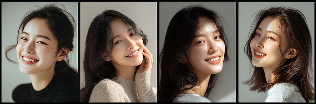 'Smiling'이라는 단순 키워드로 생성된 20대 한국 여성의 정형화된 미소 이미지_Midjourney