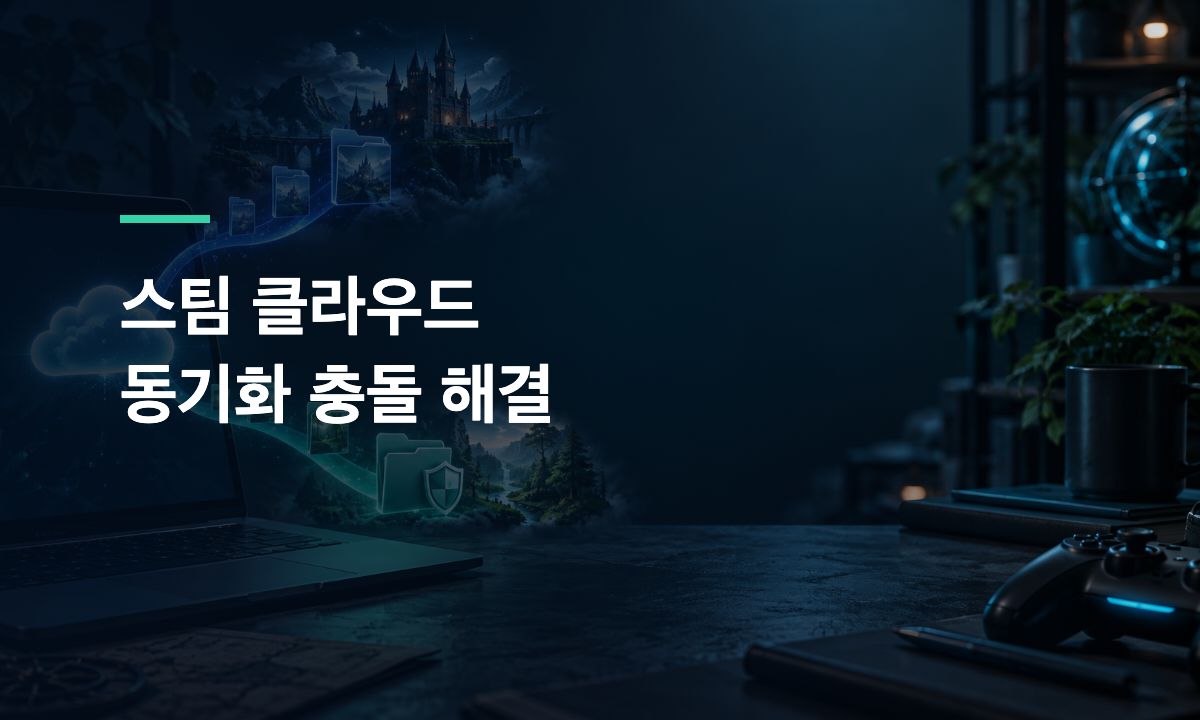 스팀 클라우드 저장 파일 충돌과 백업을 표현한 노트북 일러스트
