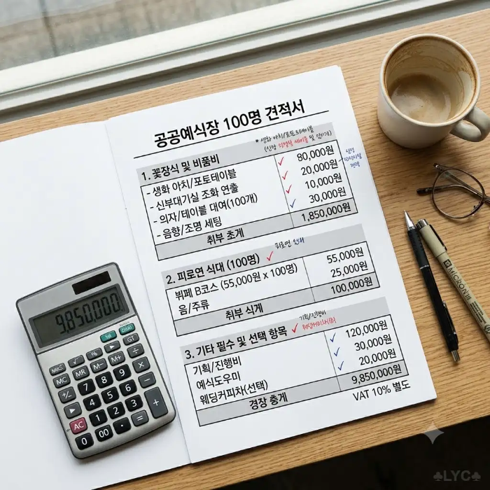 공공예식장 100명 견적서와 계산기