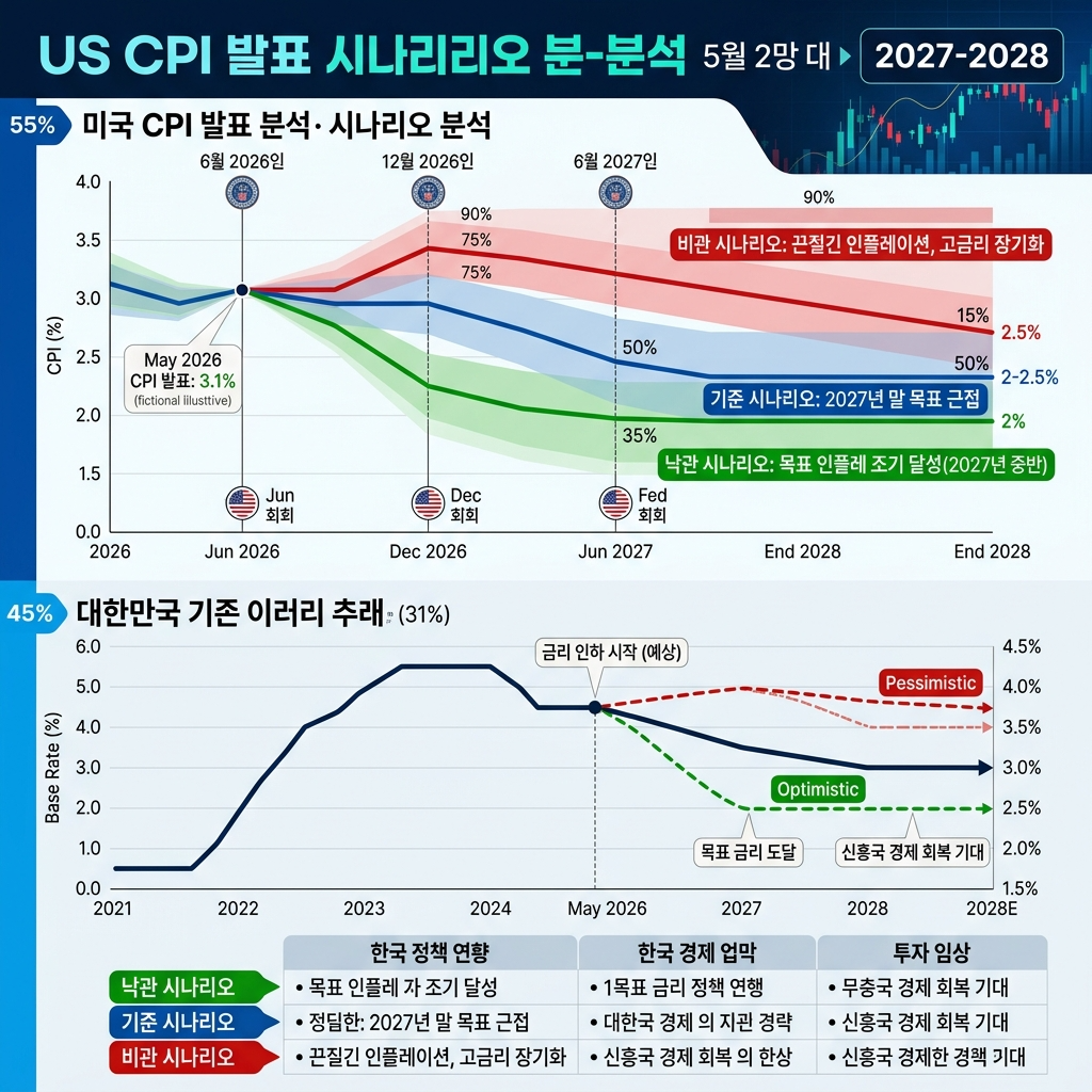 2026년 5월 기준으로 수정된 미국 CPI 시나리오와 한국 기준금리 전망 차트