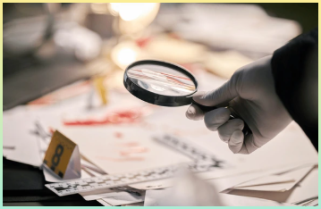 서류와 실험실 도구로 가득 찬 어수선한 작업 공간에서 문서를 검사하는 장갑을 낀 손 돋보기, 법의학 수사 현장 시사