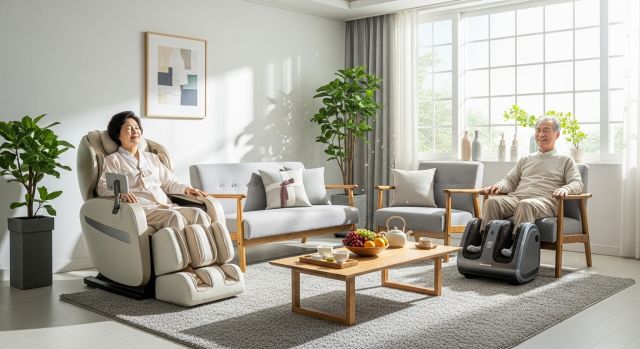 부모님 효도 선물 건강기기 추천, 안마의자와 발 마사지기를 사용하는 행복한 부모님 모습