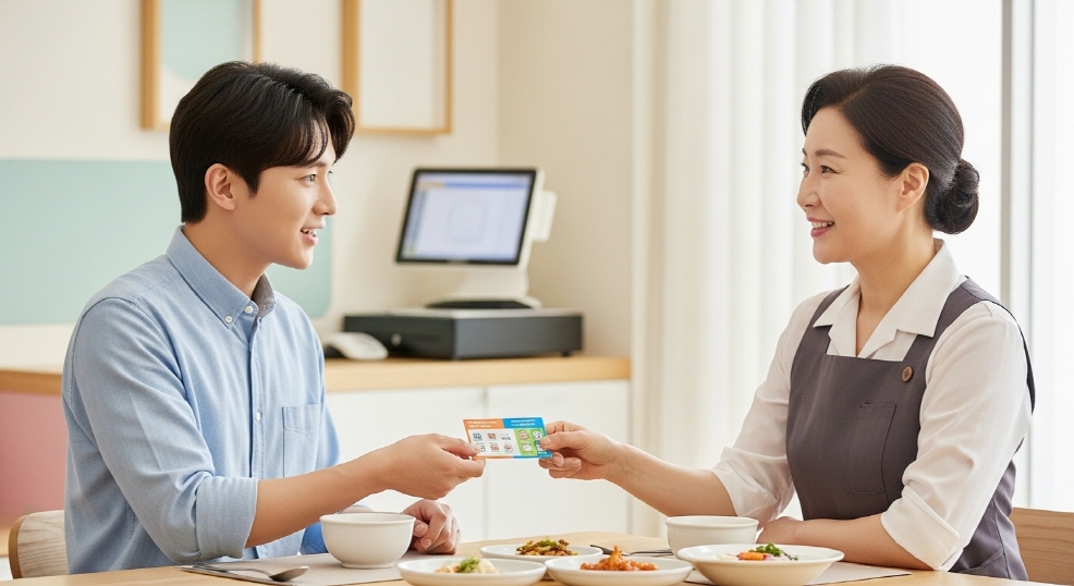 식당에서 쿠폰 결제하는 장면