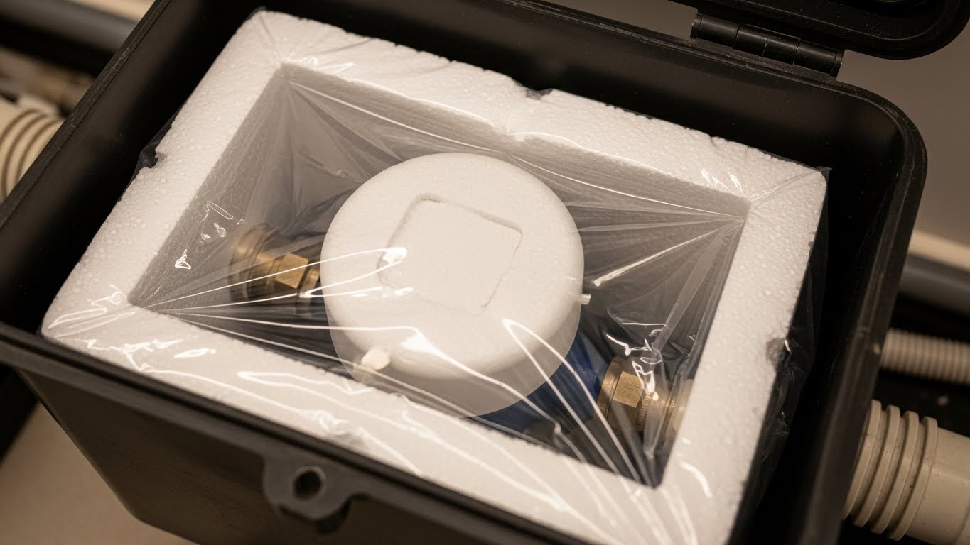 스티로폼 보온재와 비닐로 밀폐된 수도계량기함 내부 모습