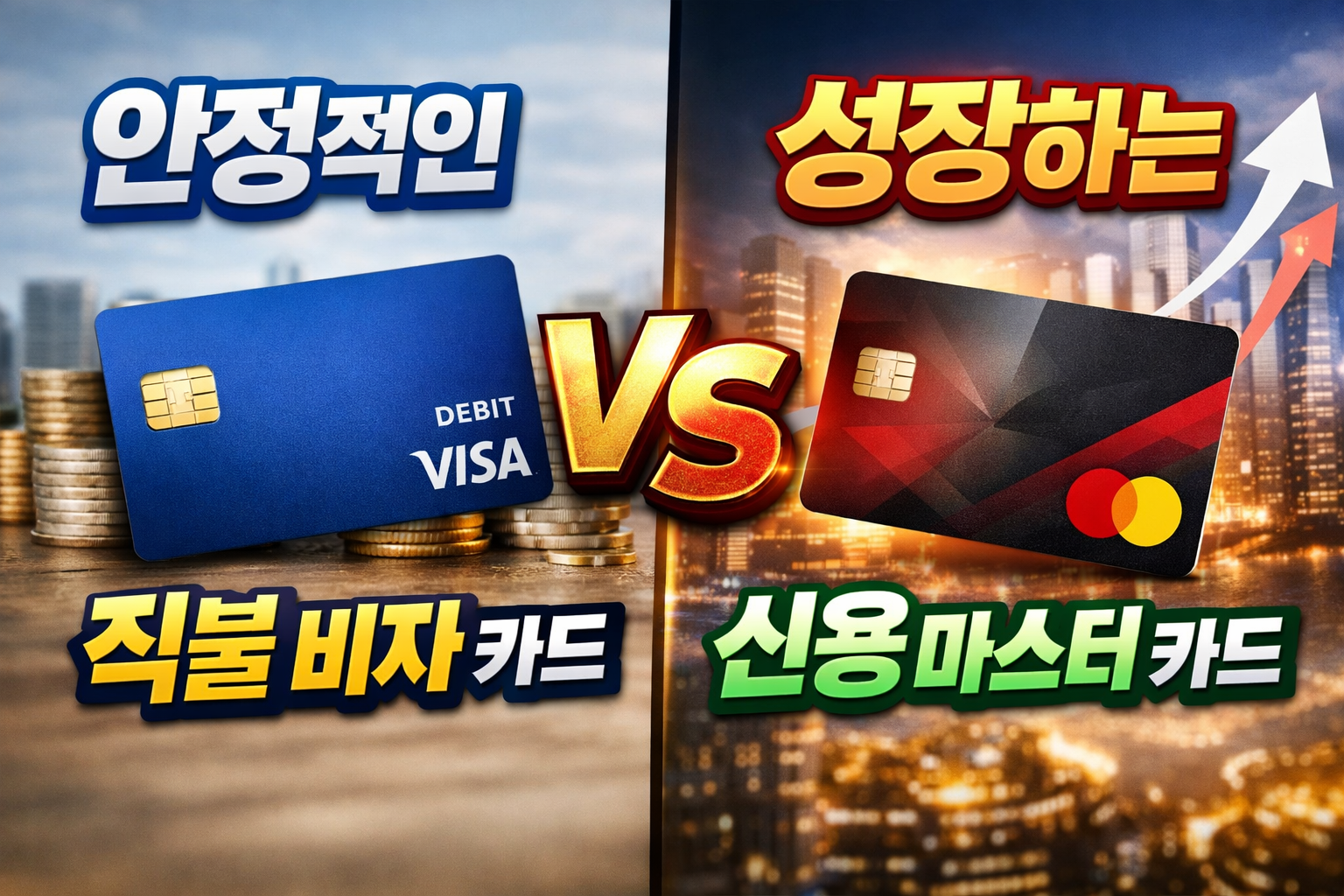 직불 비자카드와 신용 마스터카드를 대비한 이미지, 안정적인 비자와 성장형 마스터카드 투자 비교 썸네일