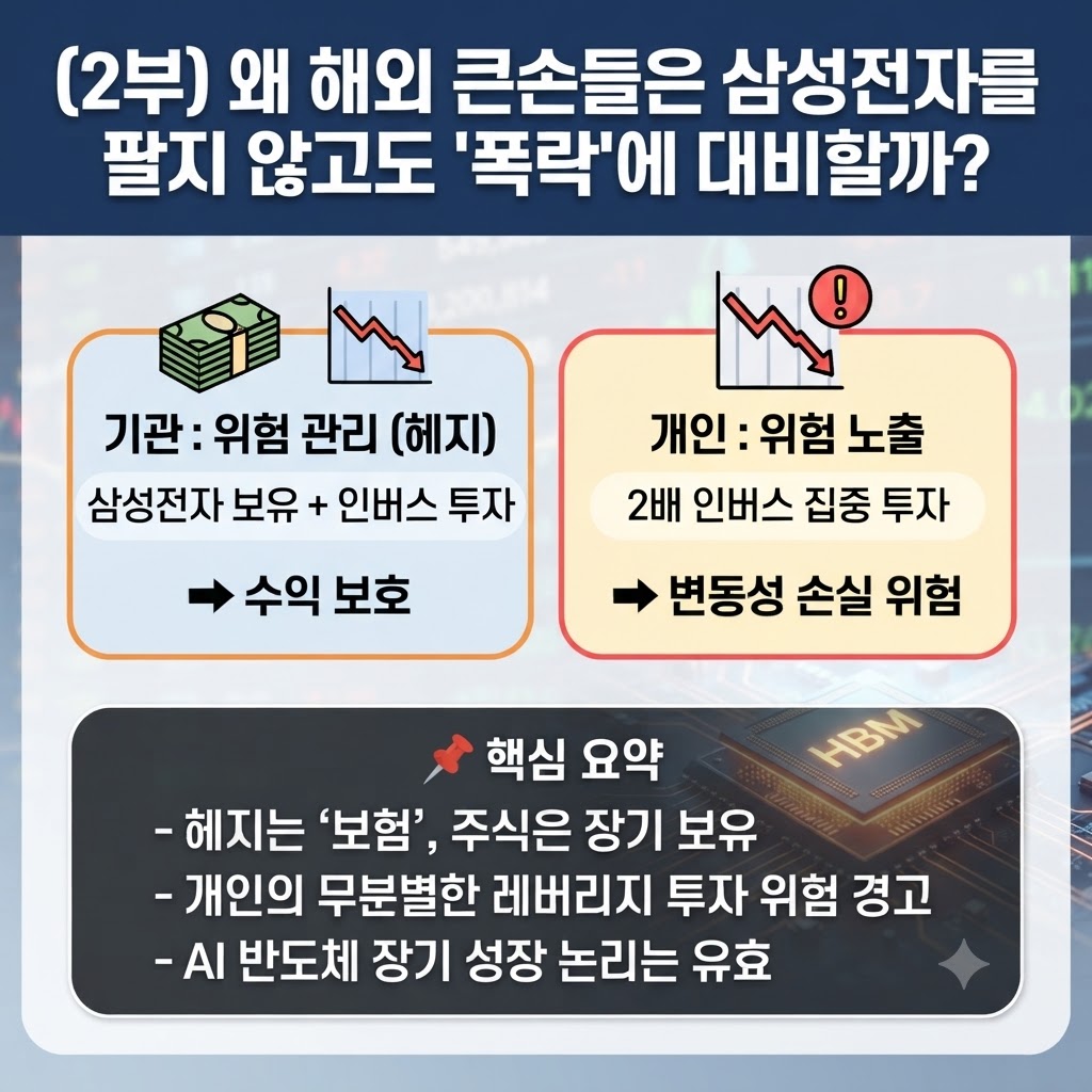 (2부) 왜 해외 큰손들은 삼성전자를 팔지 않고도 '폭락'에 대비할까? 블로그 포스팅 썸네일 이미지 - 기관의 위험 관리(헤지) 및 수익 보호 전략과 개인의 2배 인버스 집중 투자에 따른 변동성 손실 위험 비교 및 핵심 요약