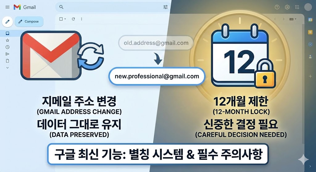 지메일 주소 변경 기능과 데이터 유지 및 12개월 제한 사항을 요약한 정보성 썸네일 이미지