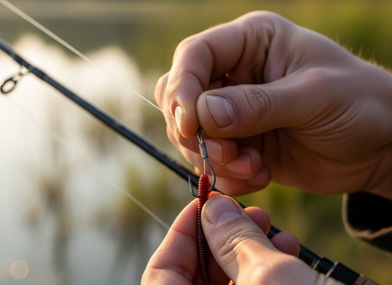 낚시중 웜을 교체하는 사진