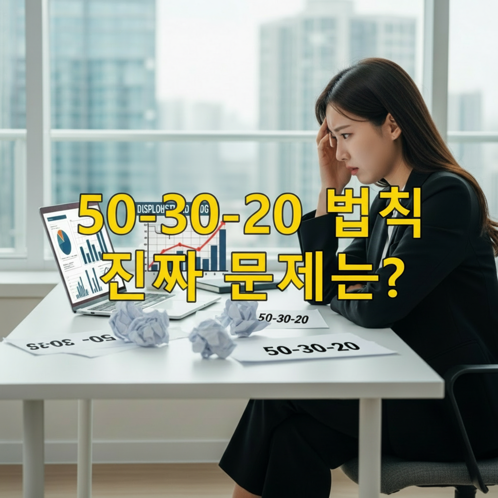 현대적인 한국인 여성이 노트북 앞에서 50-30-20 법칙 재정 계획표를 보며 고민하고 있는 모습. 2025년 경제 난관 속 재정 관리의 어려움을 표현.