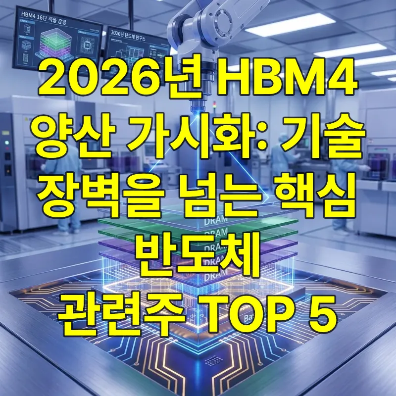 2026년 최첨단 반도체 랩에서 16단 HBM4 메모리 칩이 조립되는 모습. 하단의 베이스 다이가 로직 회로로 빛나며 적층된 D램과 구분됨.