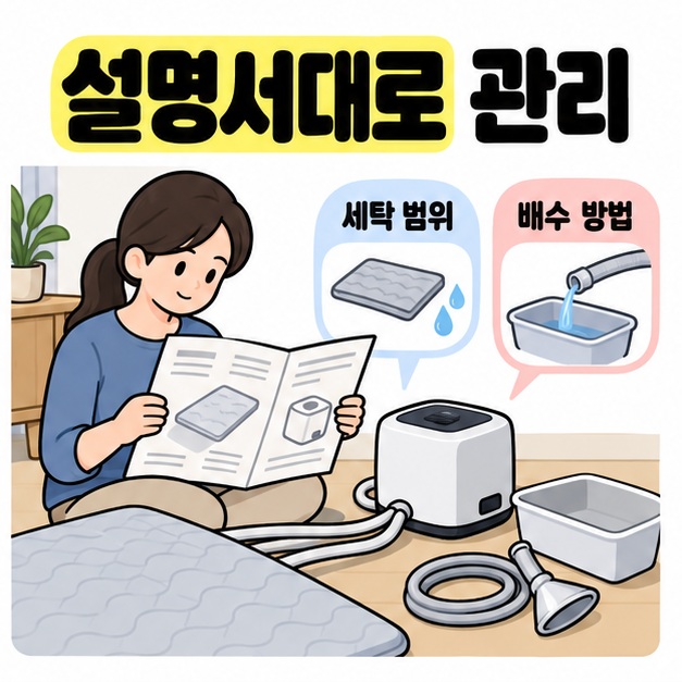 사용설명서를 읽는 사람 옆에 온수매트 본체와 배수 도구를 놓고 세탁 범위와 배수 방법을 안내한 모습
