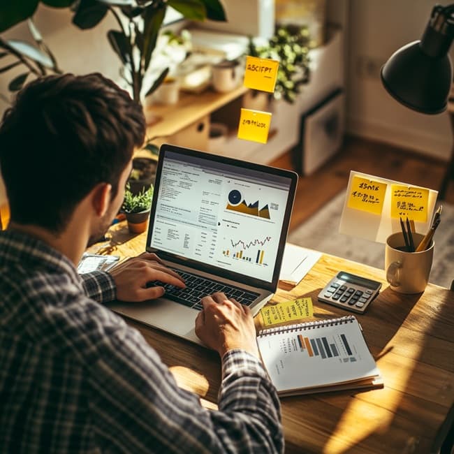 야간에 블로그를 운영하며 수익을 분석 중인 남성의 작업 장면