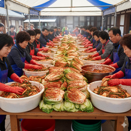 김장 배추와 붉은 양념이 가득 담긴 김장 현장 이미지