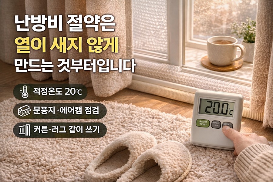 적정 난방온도 유지와 문풍지, 에어캡, 두꺼운 커튼, 러그를 활용해 겨울철 난방비를 절약하는 방법을 보여주는 체크리스트형 이미지입니다.