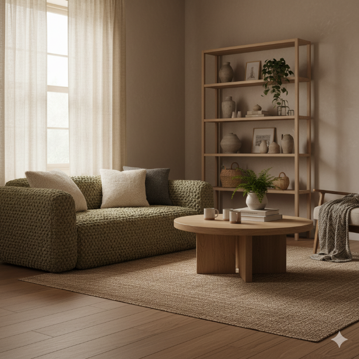 자연 친화적인 소재(나무, 직물)로 디자인된 편안하고 아늑한 인테리어 공간