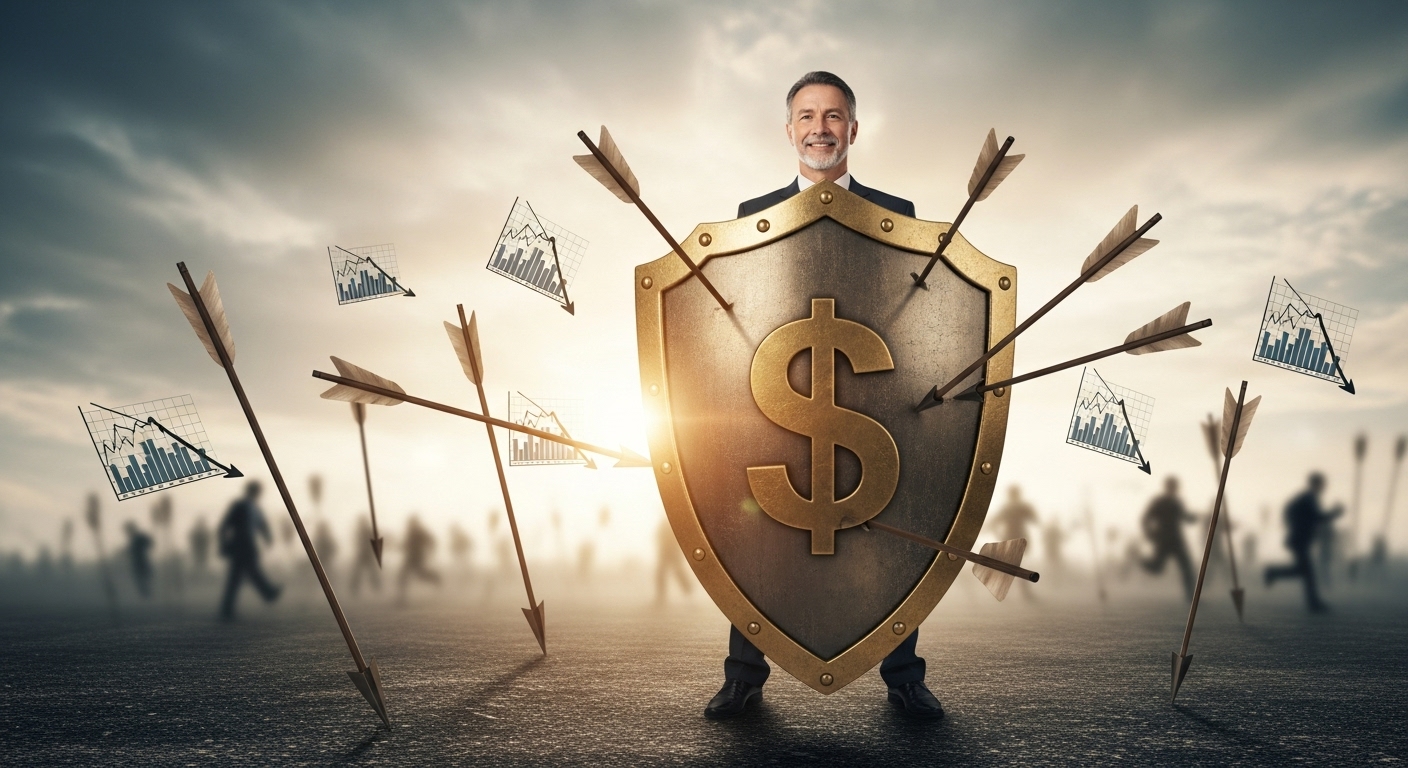 An investor smiling safely behind a sturdy golden shield (cash) while arrows (stock price drops) rain down on a battlefield.