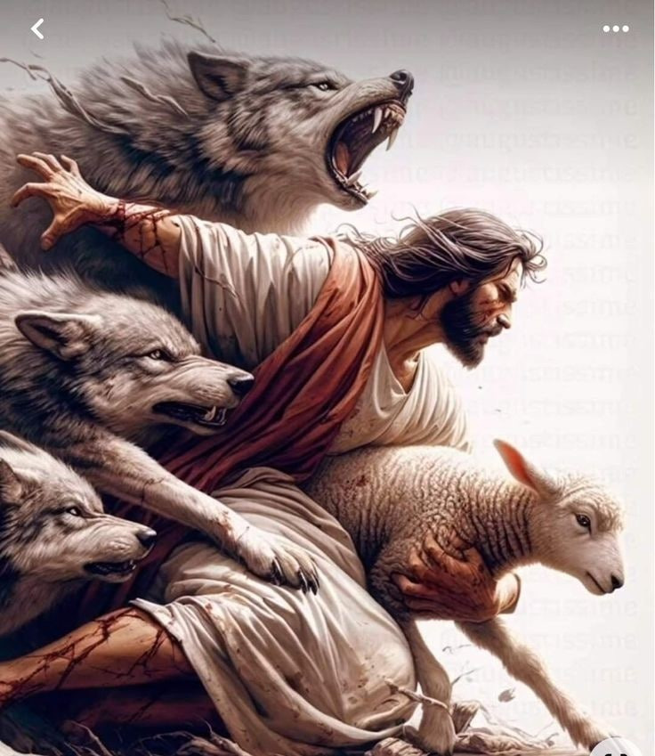 양을 공격하는 늑대들을 막고 계신 예수님 사진