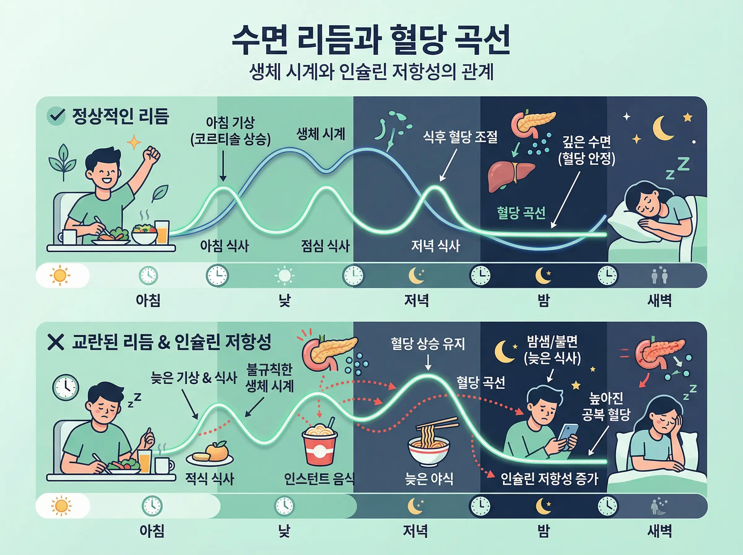 수면 리듬과 혈당 곡선을 설명하는 인포그래픽