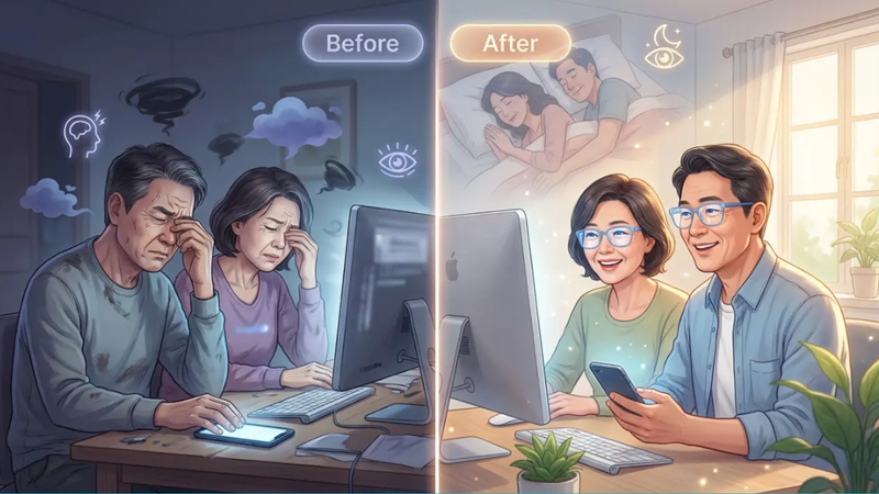 스마트폰과 컴퓨터 사용으로 눈 피로와 두통을 겪던 50대 중년 남녀가 블루라이트 차단 안경 착용 후 편안하게 디지털 기기를 사용하는 모습. 디지털 눈 피로와 안경의 효과.