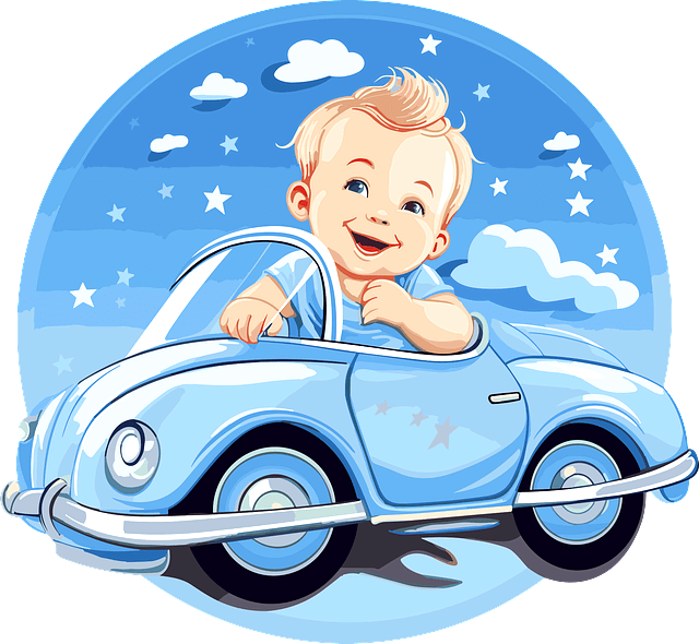 하늘색 장난감 자동차를 탄 금발머리 남자아기가 웃고있다. 주변엔 하얀 별들과 구름들이 많다.