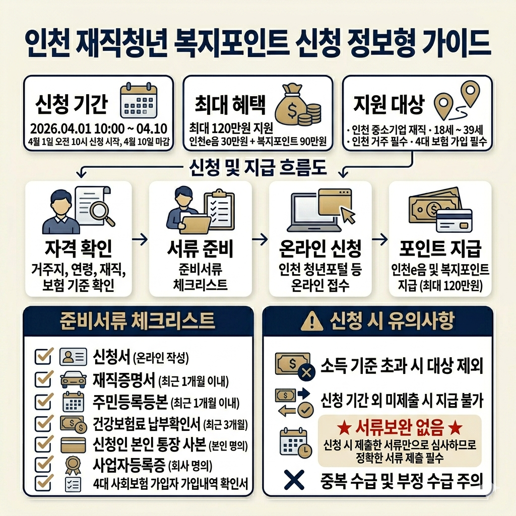 인천 재직청년 복지포인트 신청방법 2026 일정, 자격조건, 제출서류, 발표일 인포그래픽