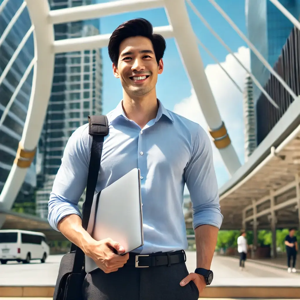 새출발을 준비하며 자신감 있게 비즈니스 현장을 걷는 동양인 남성