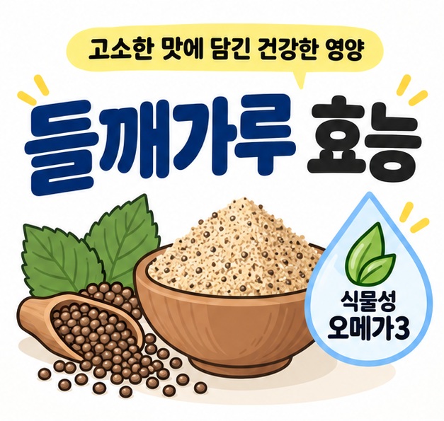 들깨가루 효능 문구와 들깨 씨앗, 들깨가루 그릇, 오메가3 지방산을 상징하는 아이콘을 보여주는 대표 카드
