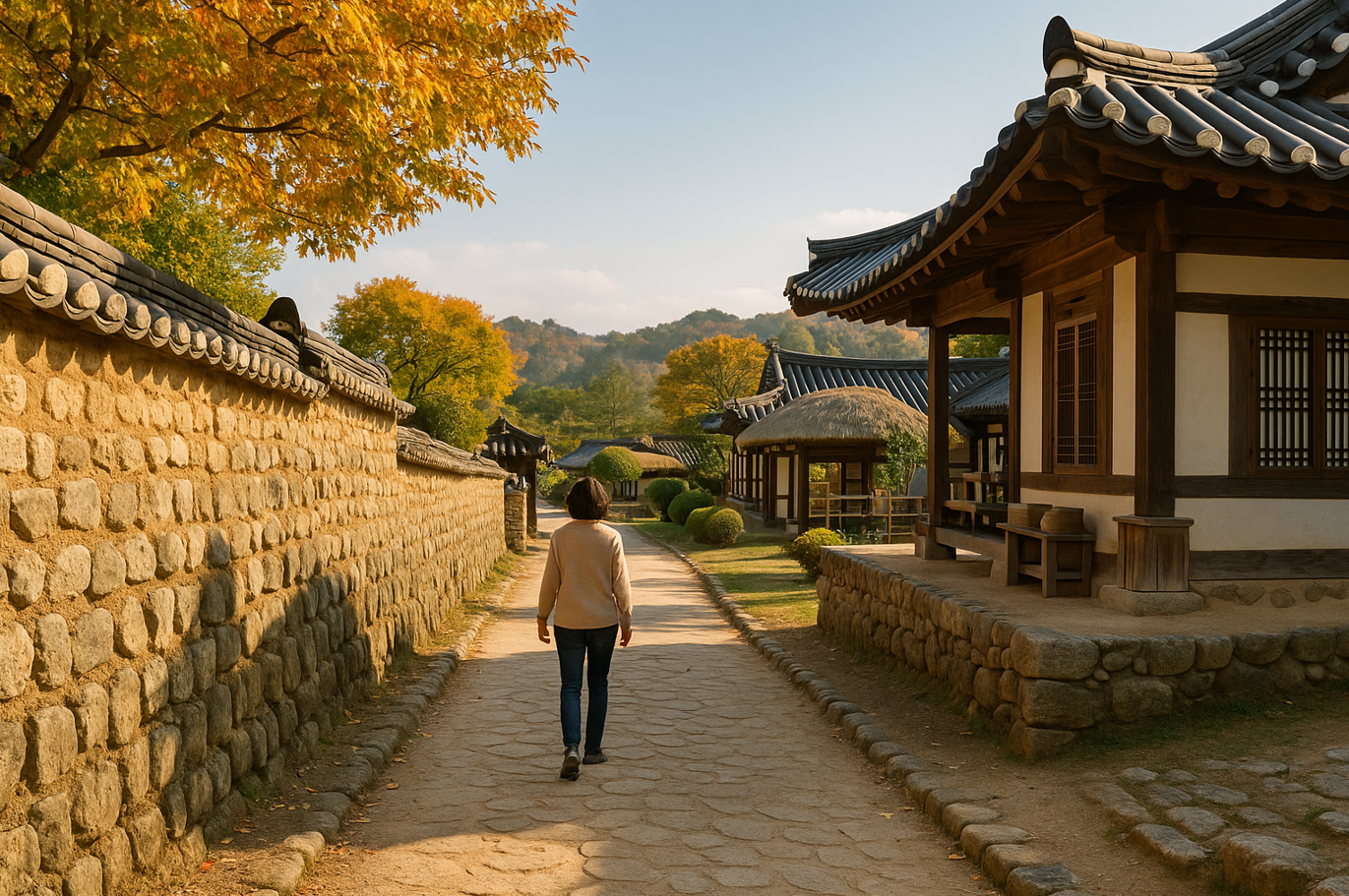 돌담을 걷고 있는 한 중년 여성사진