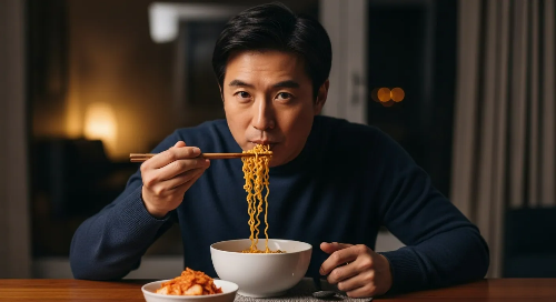 늦은 밤 식탁에서 라면을 먹고 있는 남성 모습