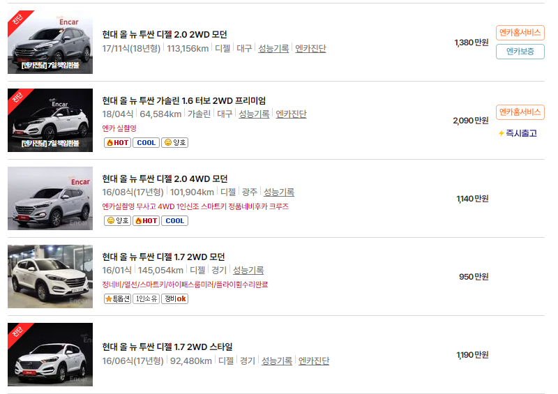 현대 투싼 중고차 가격 시세표 24년10월