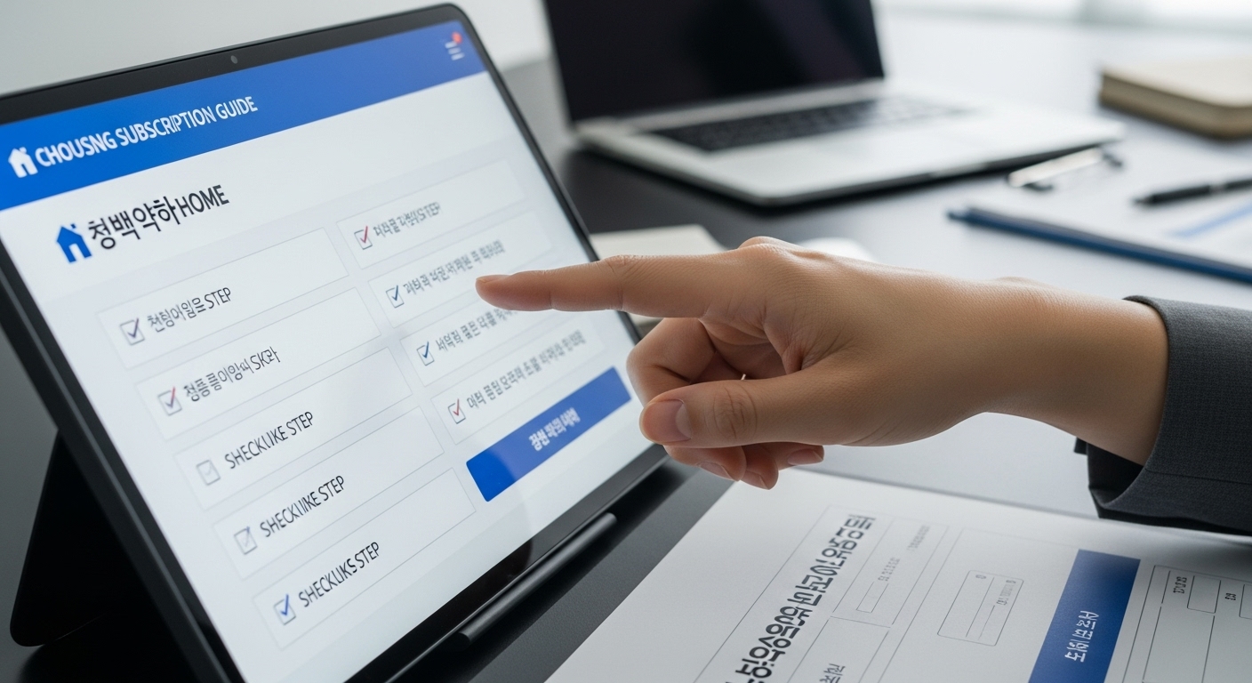 청약 홈 웹사이트에서 특별공급 청약 절차를 확인하는 손의 모습. 쉬운 단계별 가이드라인이 명확하게 보입니다.