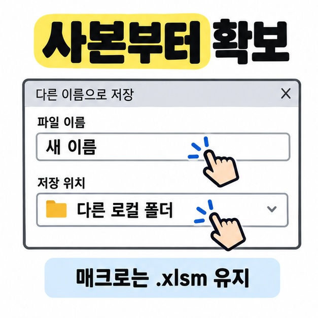다른 이름으로 저장 창에서 새 이름과 다른 로컬 폴더를 손가락으로 가리키고 매크로는 .xlsm 유지라고 안내한 그림
