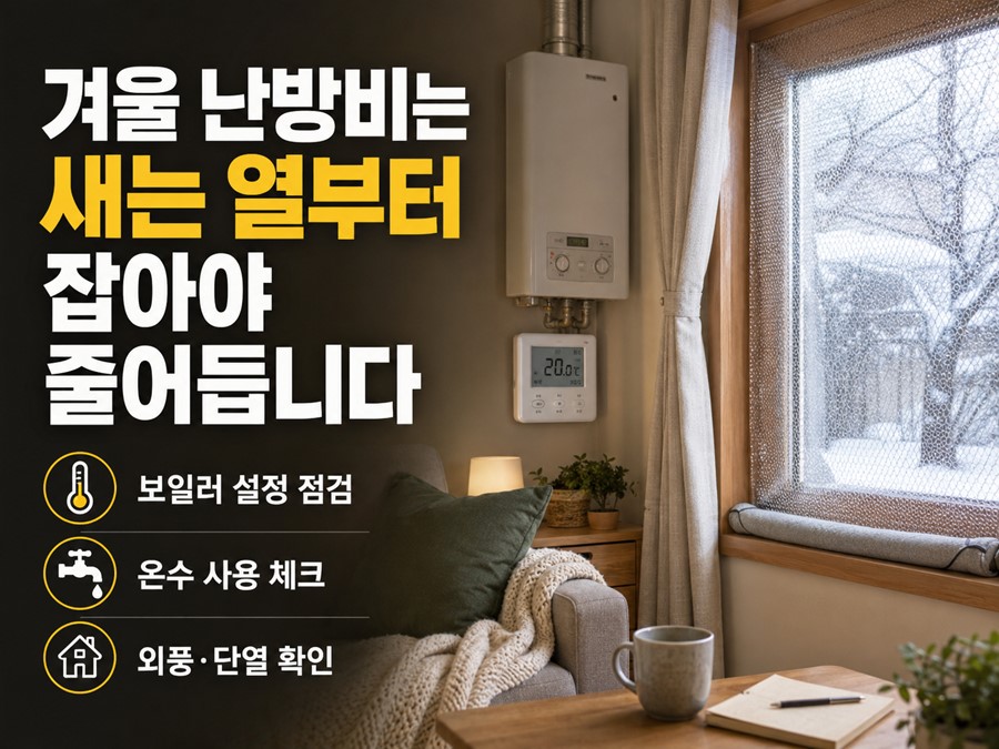 겨울 난방비를 줄이기 위해 보일러 설정, 온수 사용, 외풍과 단열 상태를 먼저 점검하는 현실적인 체크리스트를 보여주는 이미지입니다.