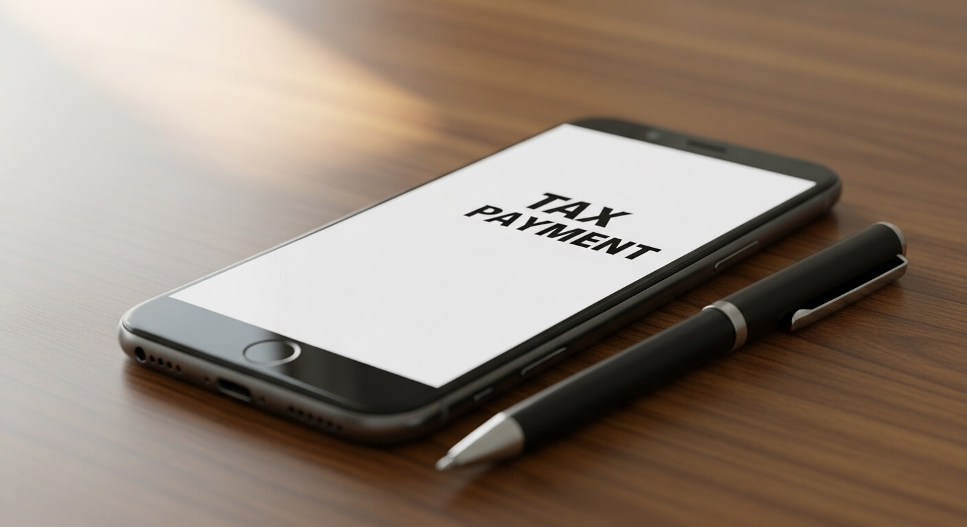 나무 테이블 위 세금 납부 문구가 표시된 스마트폰과 펜