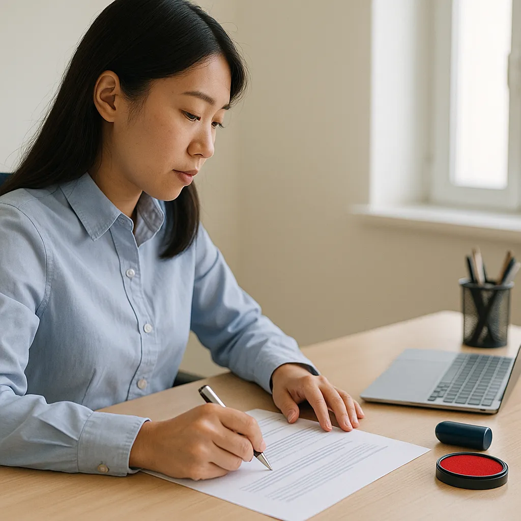 사무실 책상에서 서류를 준비하는 여성 옆모습