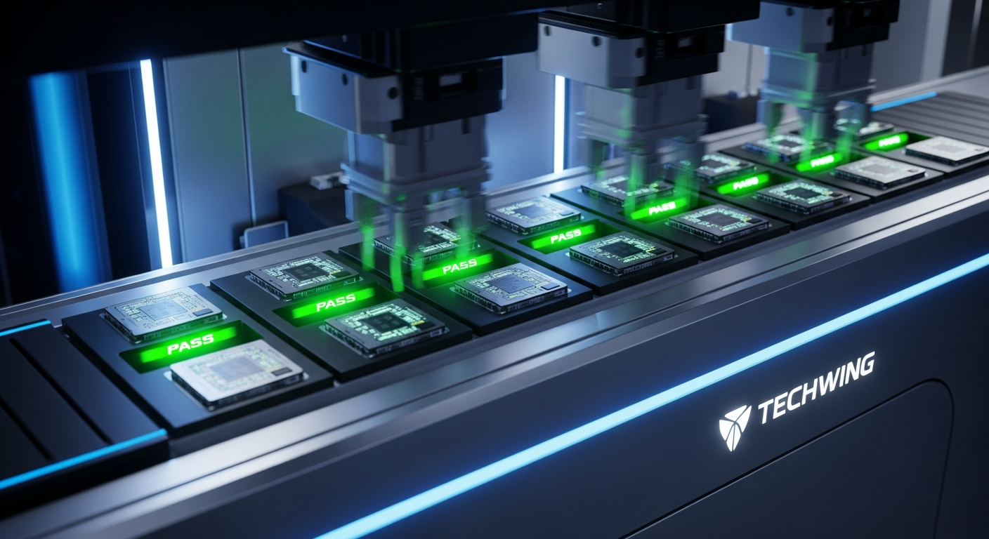 미래지향적인 반도체 테스트 핸들러가 칩을 고속으로 옮기는 모습. 속도감을 나타내는 모션 블러, 녹색 합격 표시등. 테크윙 상징.