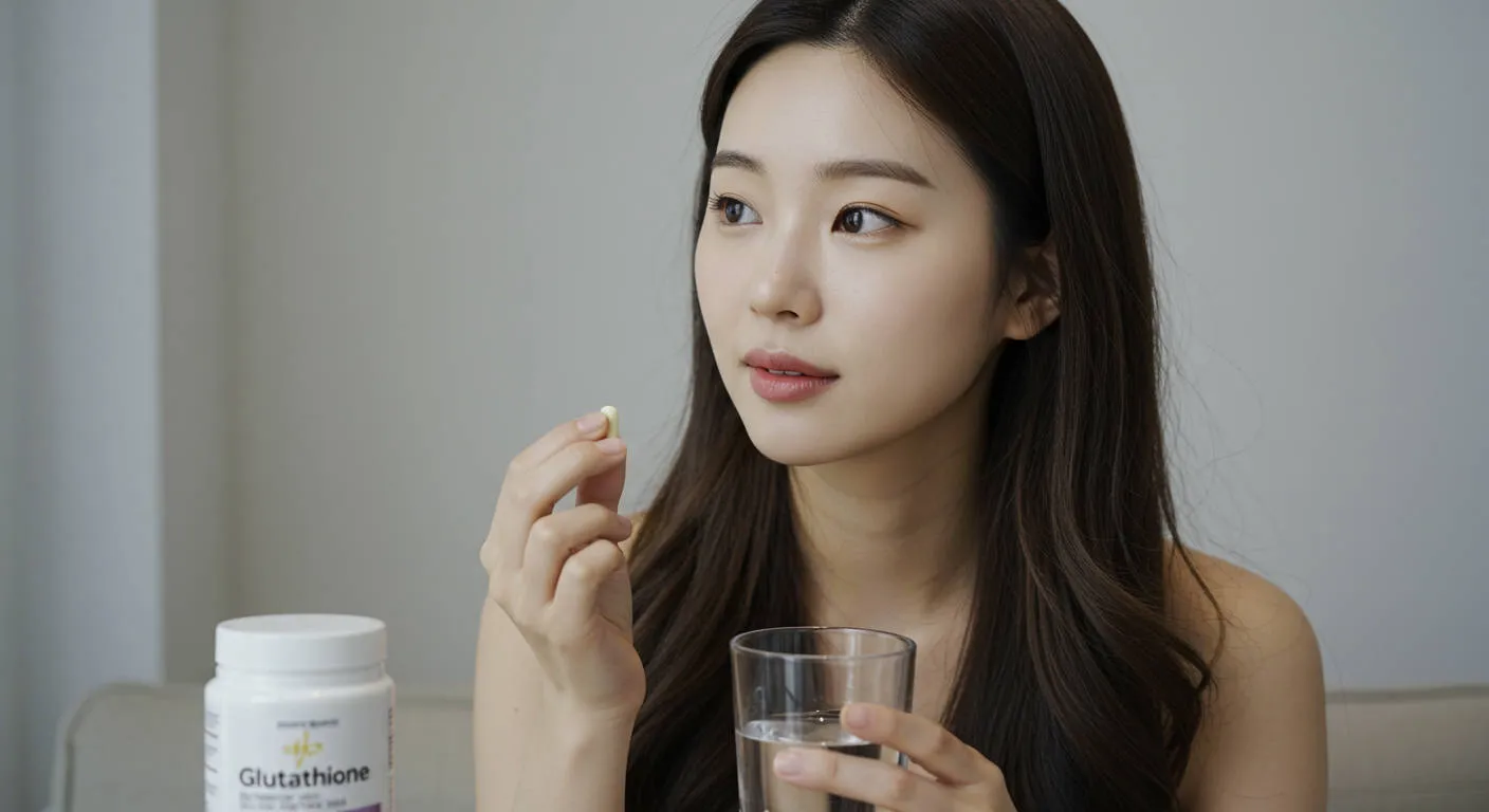 글루타치온 영양제를 먹으려고 하는 여자 이미지