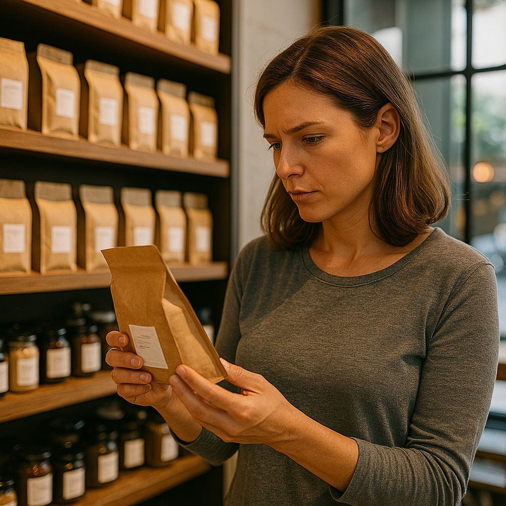 로스팅일자, 가공방식, 보관상태등을 확인하는 자영업자의 모습