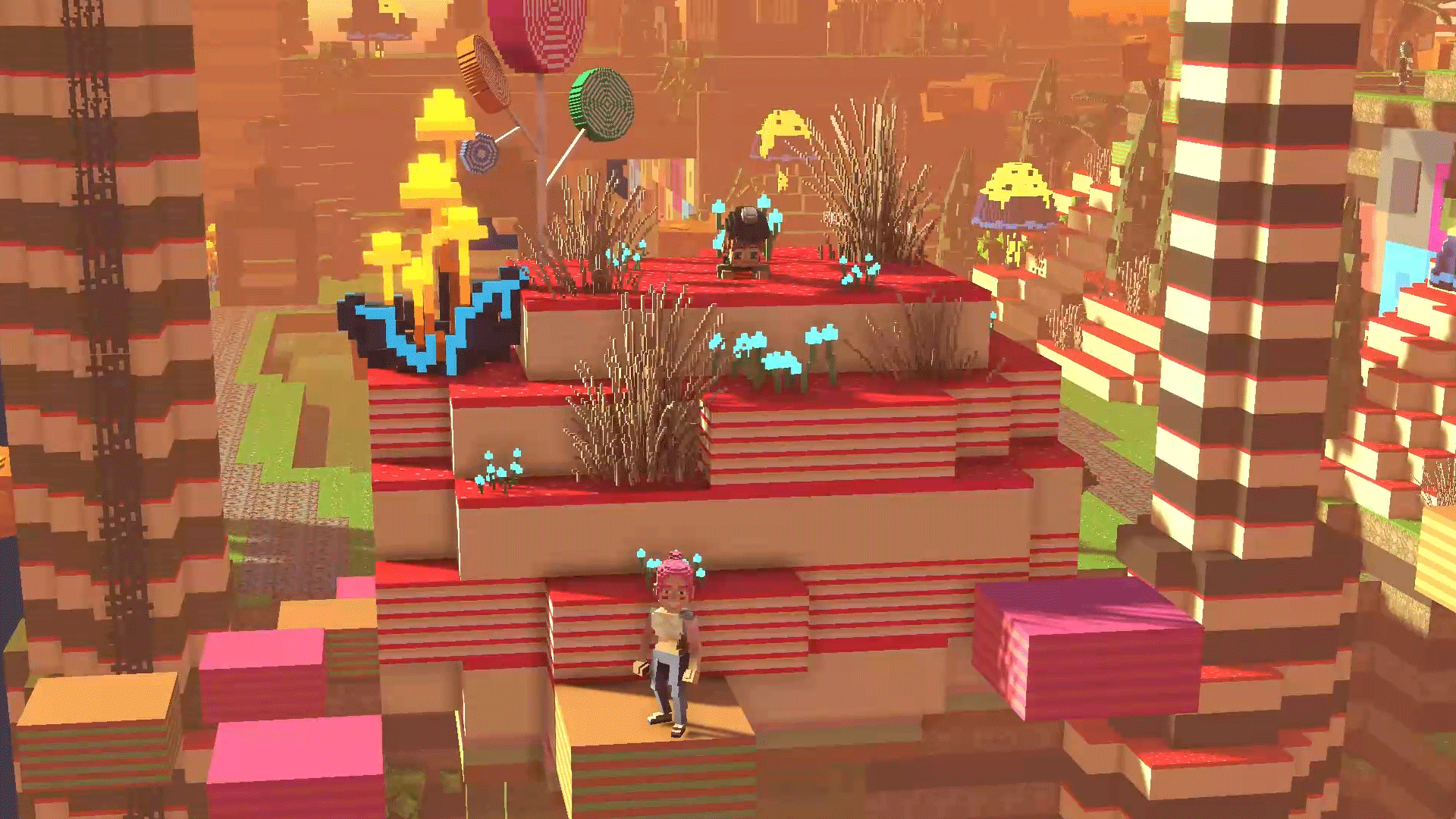 알록달록하게 층층이 나눠진 케이크가 쌓여있다.