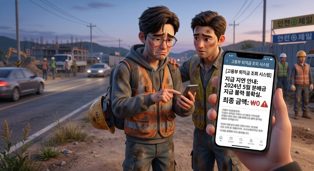 건설근로자 퇴직금을 못받는 모습을 재현한 캐릭터 이미지