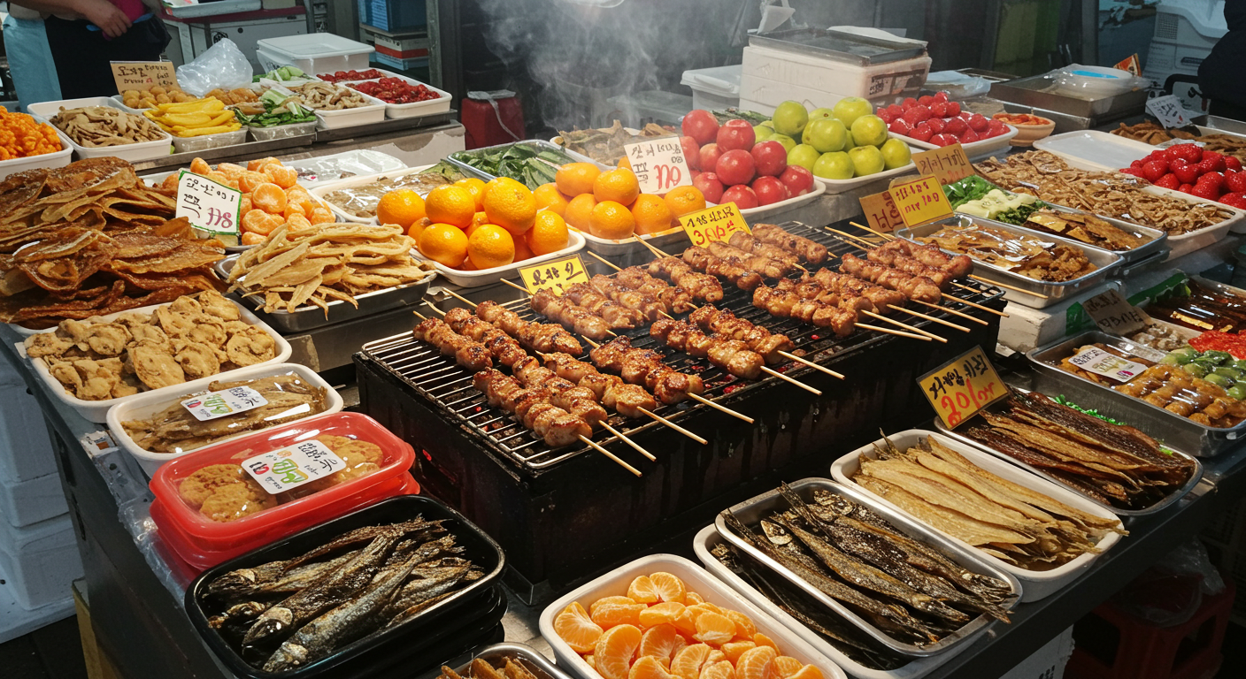 흑돼지 꼬치, 빙떡, 갈치 도시락, 제철 과일 등 제주 시장에서 맛볼 수 있는 다양한 음식.